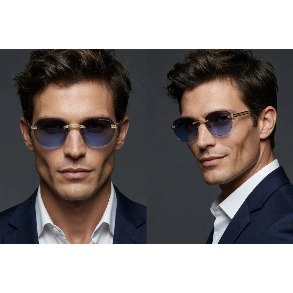 Mens Rimless Gold Round Sunglasses Blue Gradient Lens Metal Frame Hip Hop Trendy